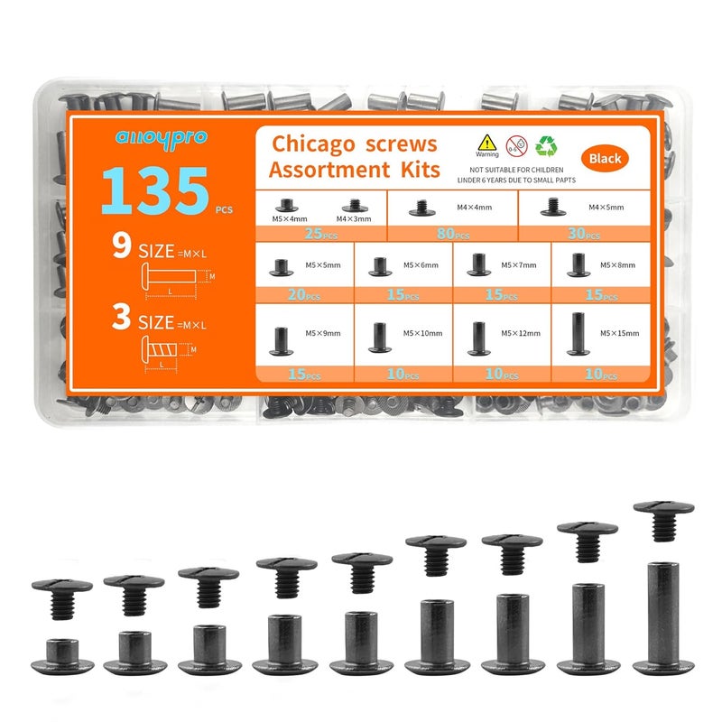 ALLOYPRO 135 Sets Black Chicago Screws Leather Rivets Kit, 9 Sizes (M5*4,5,6,7,8,9,10,12,15) & 3 Screw Lengths (M4*3,4,5) Chicago Binding Screws, for Leather Craft, Bookbinding - Image 1